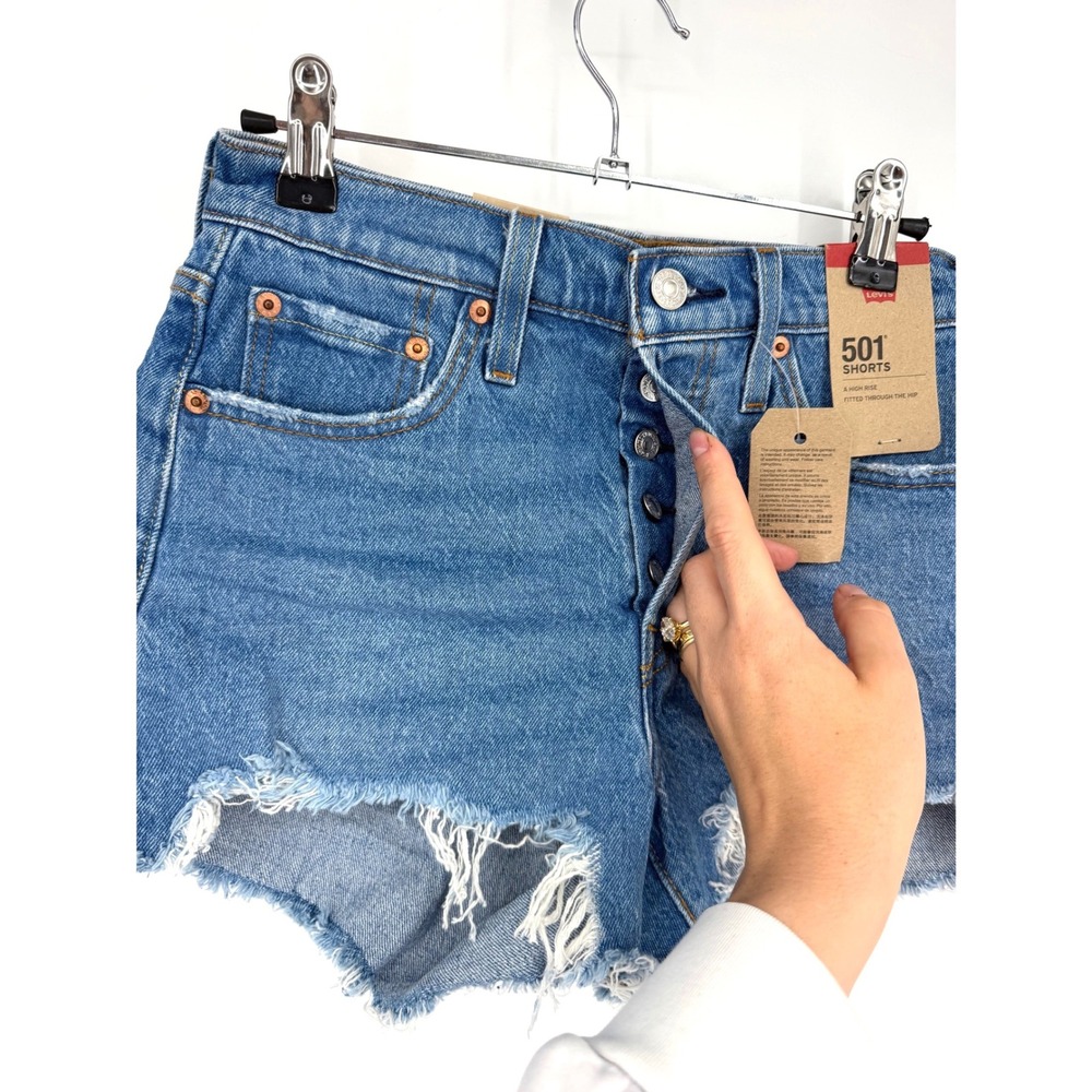 NEW Levis 501 Original High Rise Distressed Button Fly Denim Shorts Blue W25 - Picture 8 of 13